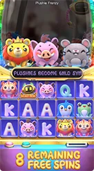 Plushie Frenzy · Mengenali susunan simbol Wild bertumpuk dan tampilan pengumuman kemenangan.